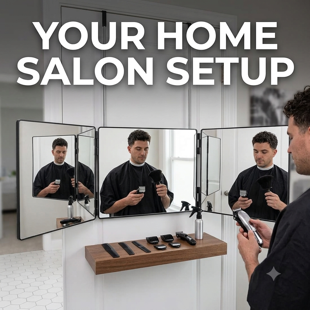 3-Sided Foldable Self Haircut Mirror – Telescopic Hangable Salon Mirror for Hair Trimming & Grooming