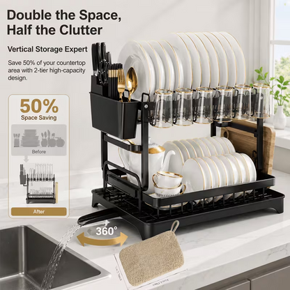 2-Tier Dish Drying Rack with Detachable Drainer & Utensil Holder f
