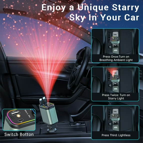 4-in-1 Starlight Car Charger – Fast Charging with Retractable Cables