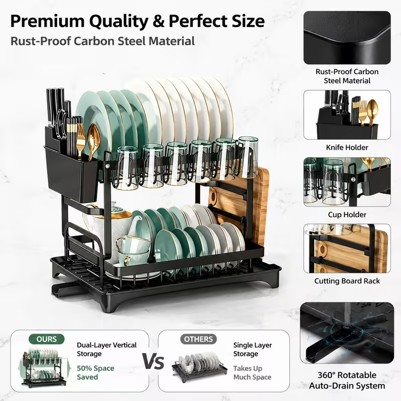 2-Tier Dish Drying Rack with Detachable Drainer & Utensil Holder f