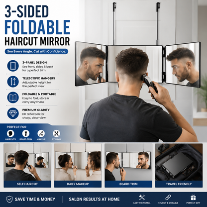 3-Sided Foldable Self Haircut Mirror – Telescopic Hangable Salon Mirror for Hair Trimming & Grooming