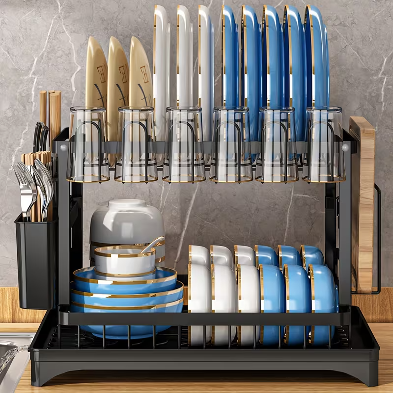 2-Tier Dish Drying Rack with Detachable Drainer & Utensil Holder f